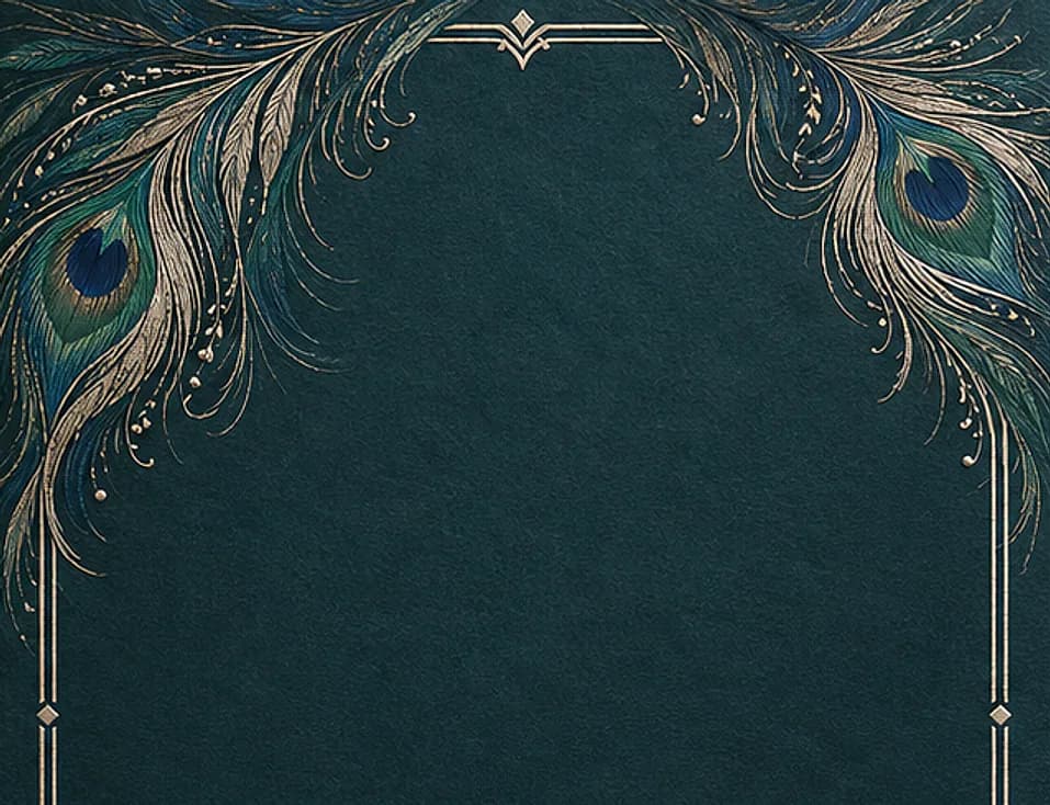 دعوة زفاف إلكترونية بتصميم «طاووس»: أخضر فيروزي عميق بريش طاووس وذهبي